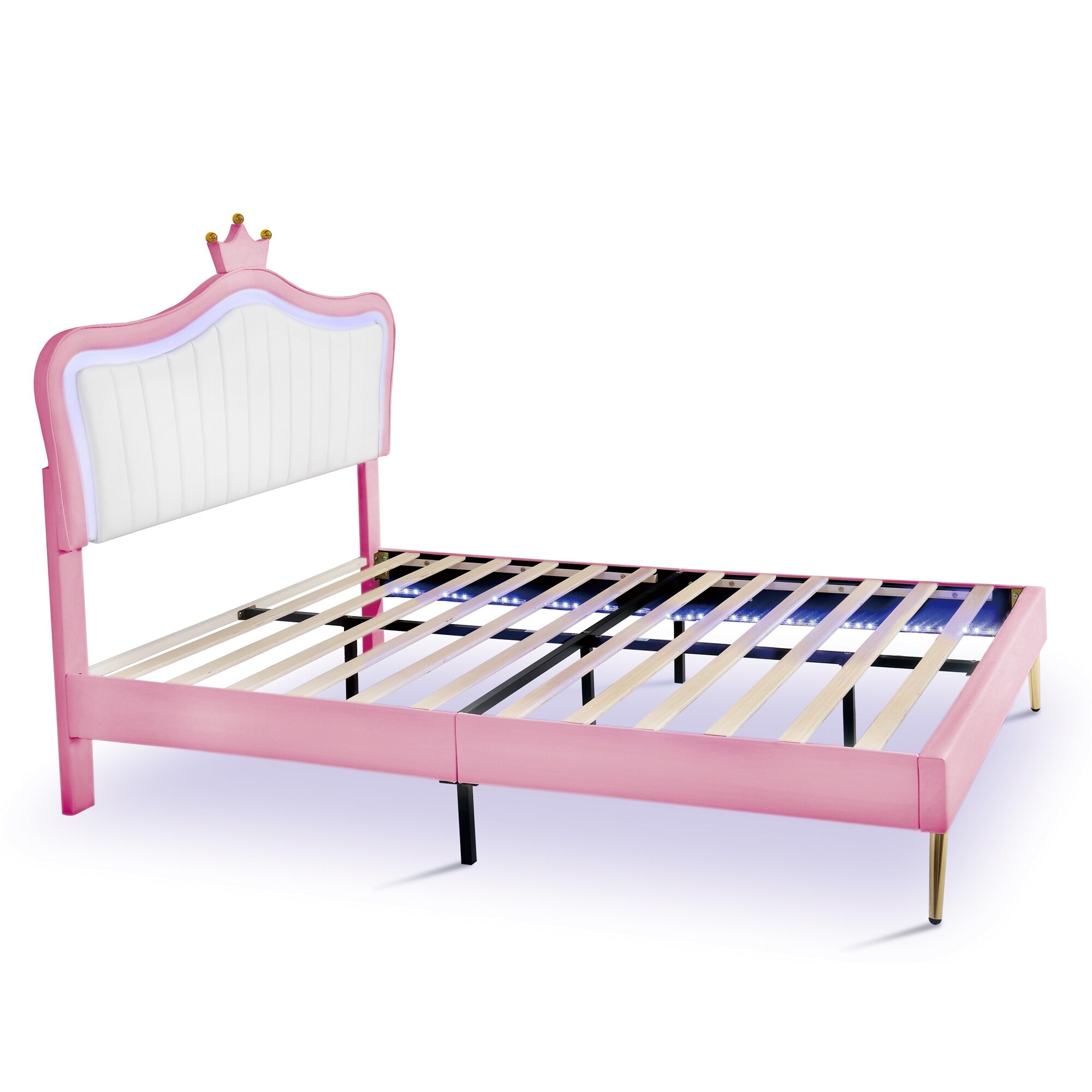 White Pink Queen Size Crown Headboard Princess Bed with LED Lights